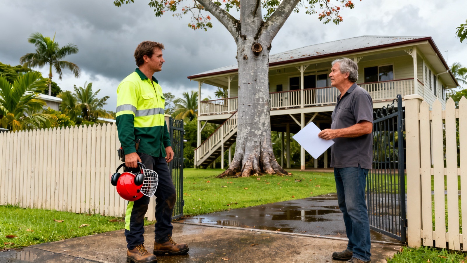 A tree contractor in fluoro work clothes holding a helmet, talking with a home owner at the front gate of a highset Queenslander with a big tree in the yard